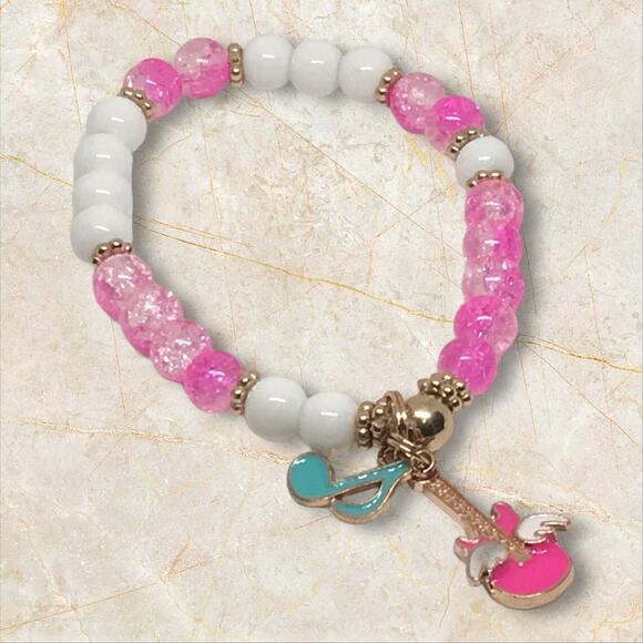 Rock Star Bracelet Set | 80s-Inspired Pink Glass Bead Stretchy Accessory - Picture 3 of 6